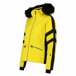Damen-Skijacke aus Twill mit abnehmbarer Kapuze und Kunstfellbesatz><noscript><img width=