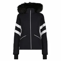 Damen-Skijacke aus Twill mit abnehmbarer Kapuze und Kunstfellbesatz><noscript><img width=