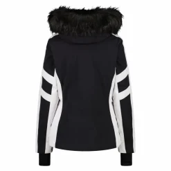 Damen-Skijacke aus Twill mit abnehmbarer Kapuze und Kunstfellbesatz><noscript><img width=