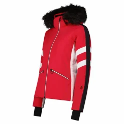 Damen-Skijacke aus Twill mit abnehmbarer Kapuze und Kunstfellbesatz><noscript><img width=