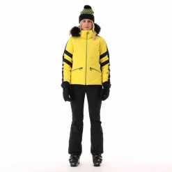 Damen-Skijacke aus Twill mit abnehmbarer Kapuze und Kunstfellbesatz><noscript><img width=