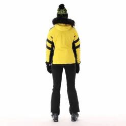 Damen-Skijacke aus Twill mit abnehmbarer Kapuze und Kunstfellbesatz><noscript><img width=