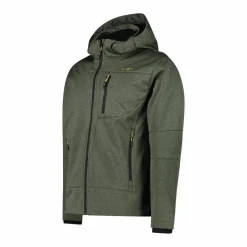 Melierte Softshell-Herrenjacke mit abnehmbarer Kapuze><noscript><img width=